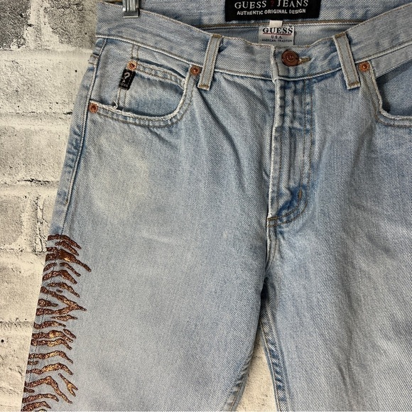 Vintage Guess Y2K Light Wash Metallic Gold Tiger Stripes Straight Leg Jeans - Picture 7 of 11